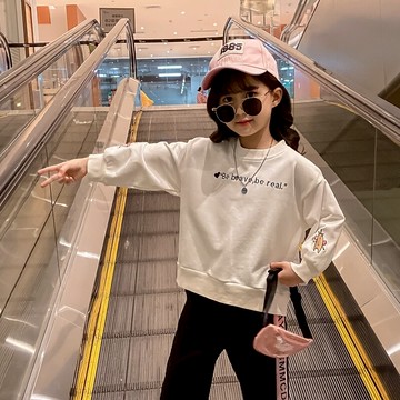 女童衛衣年新款春裝中大童字母時尚卡通打底衫小女孩韓版上衣1入