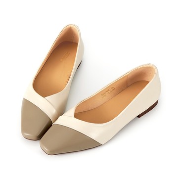 全真皮拼接撞色方頭平底鞋-灰X白