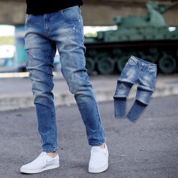 【NB1370J】中藍微刷色小抓破彈性小直筒牛仔褲(CS4086)