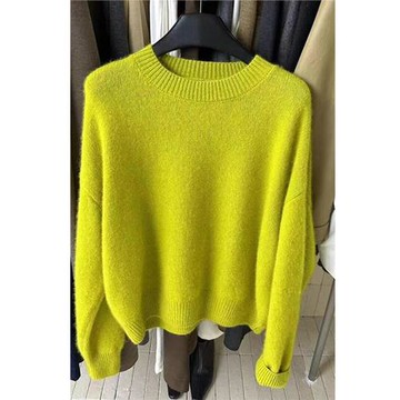 外貿原單女裝專柜撤回秋冬新款果綠色圓領毛衣女慵懶風軟糯針織衫