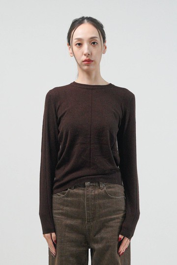 美麗諾羊毛圓領針織上衣 - 咖