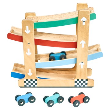 Mentari 坡道競速小車隊 含4彩色小汽車 18個月以上適用  木色  1組  30 x 8.5 x 26.5cm