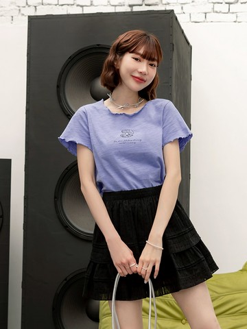 純棉珍珠貝殼印花木耳邊短袖上衣