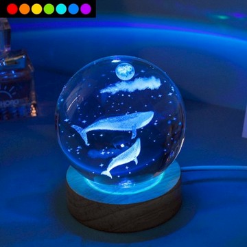 【All Splendid】七彩水晶球小夜燈 鯨魚 水晶底座裝飾燈 氛圍燈 玫瑰燈 氣氛燈 鑽石燈 臥室燈 生日禮物_廠商直送