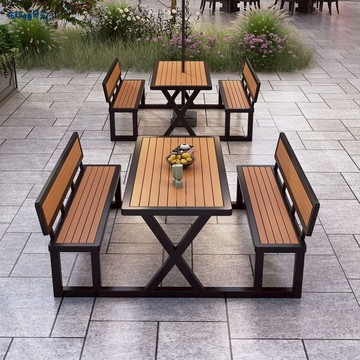 免運 戶外桌椅組合 庭院桌椅 戶外商業街連體桌椅組合室外夜市廣場咖啡燒烤店一體式帶靠背桌椅 可開發票 全館五折 工廠現貨直銷 新品特價 b8311