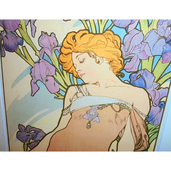 ミュシャ 「アイリス」 絵画 シルクスクリーン版画 インテリア  92cm×52cm ミュシャ財団公認エンボス入り　定価75000円