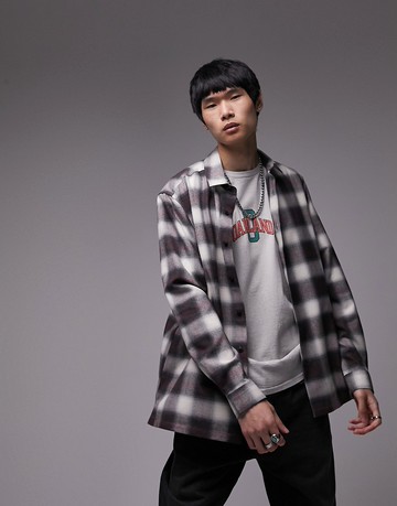 Topman long sleeve relaxed check shirt in black and white-Multi