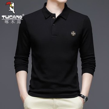 啄木鳥秋季長袖翻領T恤男新款休閑POLO衫中青年商務修身純棉上衣