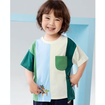 人氣卡通 - 卡通汪汪隊不規則拼接短袖上衣-卡通人物阿奇-藍x綠