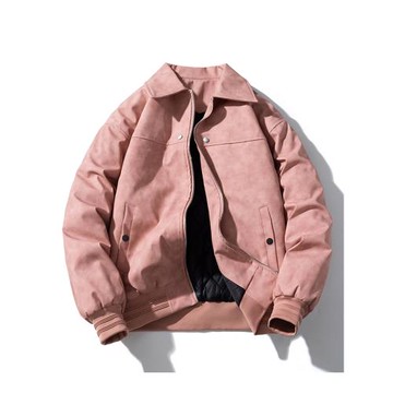 悟空美式復古翻領皮衣男女情侶粉色夾克秋冬潮牌寬松夾棉加厚外套