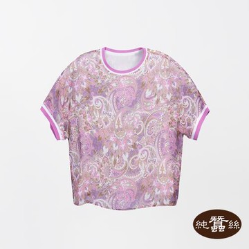 【岱妮蠶絲】純蠶絲柔美喬其紗女拼接撞色羅紋圓領休閒上衣-WWL41414QX(夢幻佩斯利)