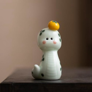 青瓷柿子小蛇茶寵家居擺件 可愛萌寵青蛇客廳裝飾工藝品小茶玩