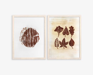 畫廊牆 2 件套秋季牆壁藝術油氈版畫棕樹葉和木片