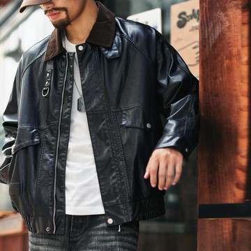 撞色翻領PU皮衣男2025秋季新款寬鬆美式工裝皮夾克機車防風外套潮