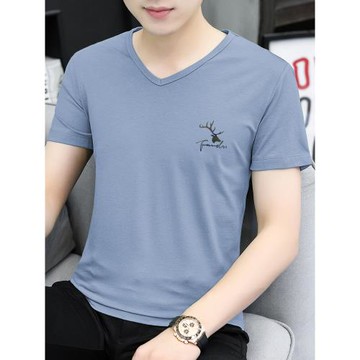 莫代爾短袖t恤男潮牌夏季薄款V領冰絲速干涼感半袖體恤上衣服潮流