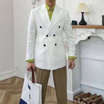 2023高定100亞麻戧駁領雙排薄款休閑西服英倫半里襯修身西裝潮男