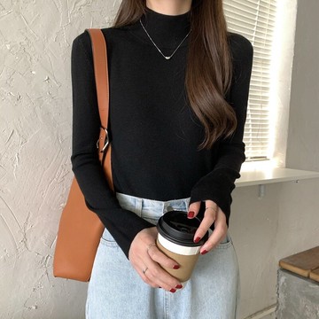 2021秋冬新款黑色半高領針織衫女百搭長袖白色打底衫內搭洋氣毛衣