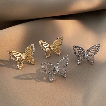金屬閃鉆蝴蝶耳釘女年新款潮高級感小眾設計耳環氣質精致耳飾