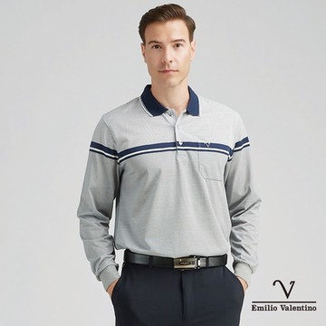 Emilio Valentino 范倫鐵諾男裝精梳棉胸袋薄長袖POLO衫_藍灰白(21-4V8855)