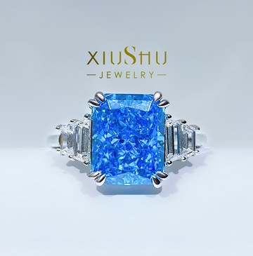 爆閃4克拉仿真海藍寶戒指女925純銀進口高碳鉆雷迪恩切ins潮
