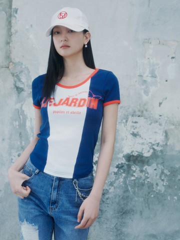 Capsule Line Printed Point Color Block Slim T-shirt (ER2CH461)