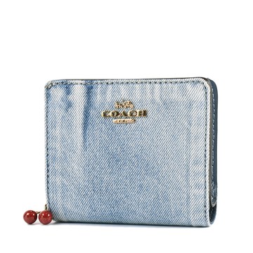 COACH 牛仔布釦式拉鍊零錢袋短夾-刷色藍