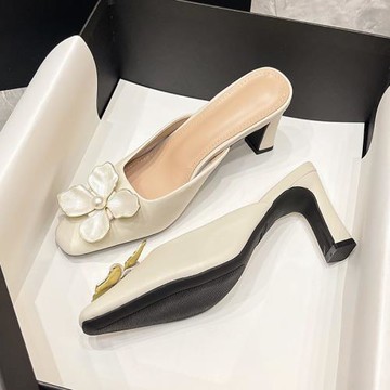包頭拖鞋女外穿白色高跟鞋2025新款小香風試衣鞋女服裝店高跟拖鞋