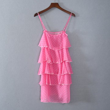 夏款女裝吊帶裙中長裙無袖蛋糕裙荷葉邊連衣裙子潮