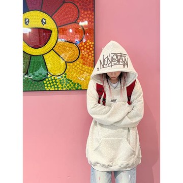 HIPA美式刺繡連帽衛衣加絨女冬季裝高街潮牌外套情侶寬松上衣帽衫