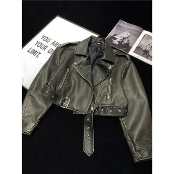 CCA自制辣妹古著大翻領水洗漸變皮夾克短款腰帶復古機車皮衣外套
