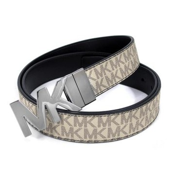 MICHAEL KORS 金屬MK頭滿版MK搭配皮革35mm雙面翻轉皮帶(香草白/黑色)