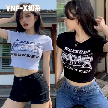 初系現+貨 免運 辣妹短袖t恤 夏季設計 美式復古 短版上衣 辣妹上衣 露肚上衣 修身上衣 韓系衣服 閨蜜衣服 網紅衣服