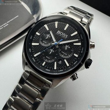 BOSS 伯斯男錶 46mm 銀圓形精鋼錶殼 黑色三眼, 中三針顯示, 運動錶面款 HB1513857