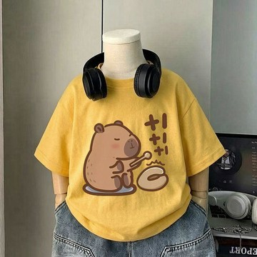 【臺灣-出貨】卡皮巴拉兒童短袖男女小童新款夏季舒適純棉百搭圓領卡通寬鬆T恤LIHUAN