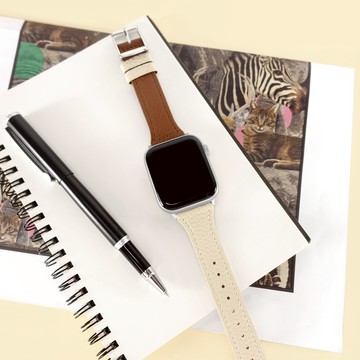 Apple Watch 全系列通用錶帶 蘋果手錶替用錶帶 雙色真皮錶帶 棕x米白色 ＃858-392T-BN