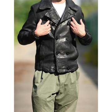 美式復古修身短版雙排扣740水染頭層植鞣羊皮夾克真皮皮衣男