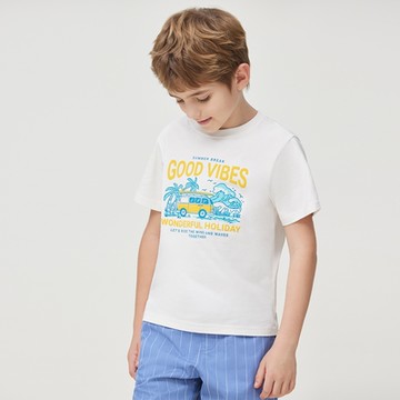 GIORDANO 童裝汽車系列印花短袖上衣 - 91 太古白