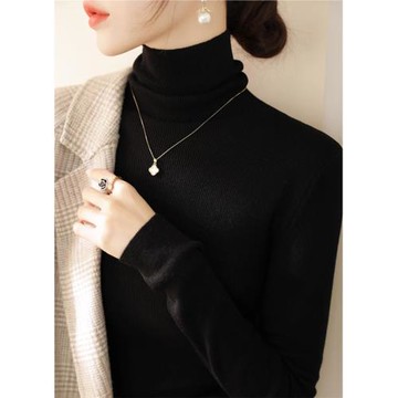 慵懶風堆堆領黑色長袖打底衫女2026春季新款內搭高級修身針織上衣