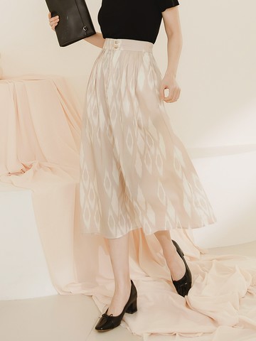 質感印花開釦後腰鬆緊長裙