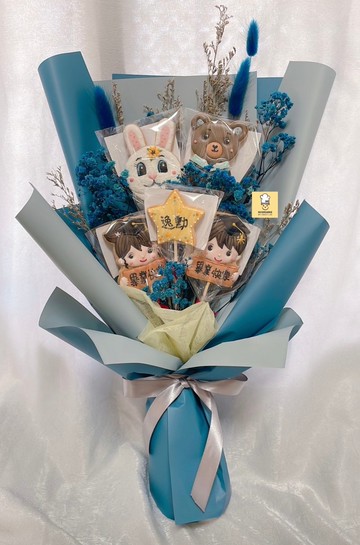 畢業糖霜餅乾花束—畢業男孩女孩熊+星星5片糖霜餅乾 低糖無香精