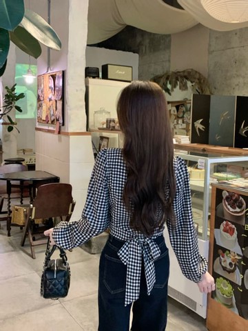 【missy shop】素調選物格紋收腰後綁帶上衣-89489