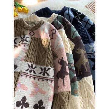 秋冬季圣誕節毛衣男圓領加絨休閑潮牌日系復古美式情侶百搭針織衫