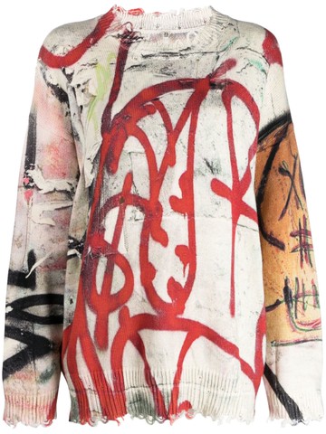 R13 - unfinished-effect graffiti-motif cotton jumper - women - Cotton - XXS - Neutrals