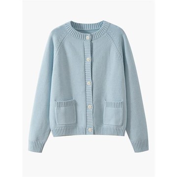 100%純棉開衫外套女圓領加厚春秋長袖口袋百搭寬松針織衫女士毛衣