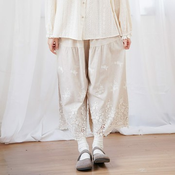 日系刺繡下擺九分寬褲880089