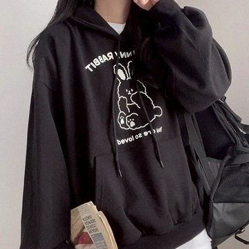 Vuja de 純棉連帽衛衣 大學t 薄衛衣 oversize 大學t 長袖 秋冬上衣 兔子印花 潮流衣服 刷毛 衣服女
