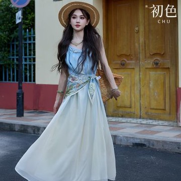 初色 日系氣質漸層裝飾圓領無袖直筒垂感中長連衣裙連身洋裝-藍色-14603(M/L可選)