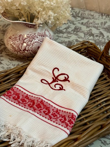 50340-迷人法國古董鄉村風蜂巢格 紅色緹花刺繡餐巾布