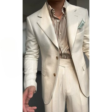 時尚氣質亞麻半裏襯單排扣西裝休閑紳裝感西服套裝那不勒斯男鑫弘-錦衣華服