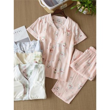 夏帶胸墊女人棉開衫空調房睡衣